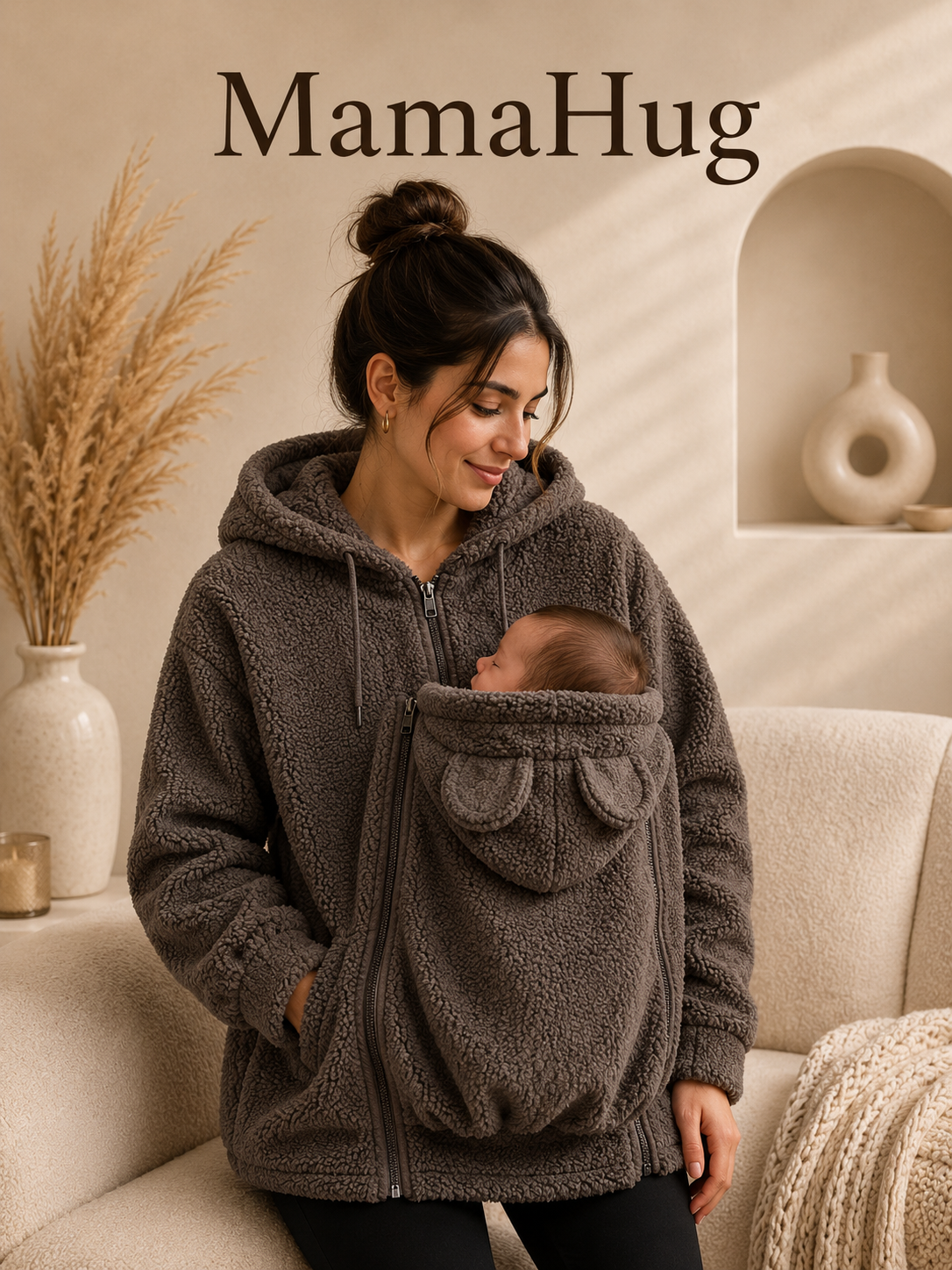 קפוצ'ון פליז MamaHug 2in1 לנשים ולאמהות, עם תוספת קדמית לשימוש מעל מנשא תינוק מתאים, רוכסן וכיסים, לביגוד חם ונוח בסתיו ובחורף.
