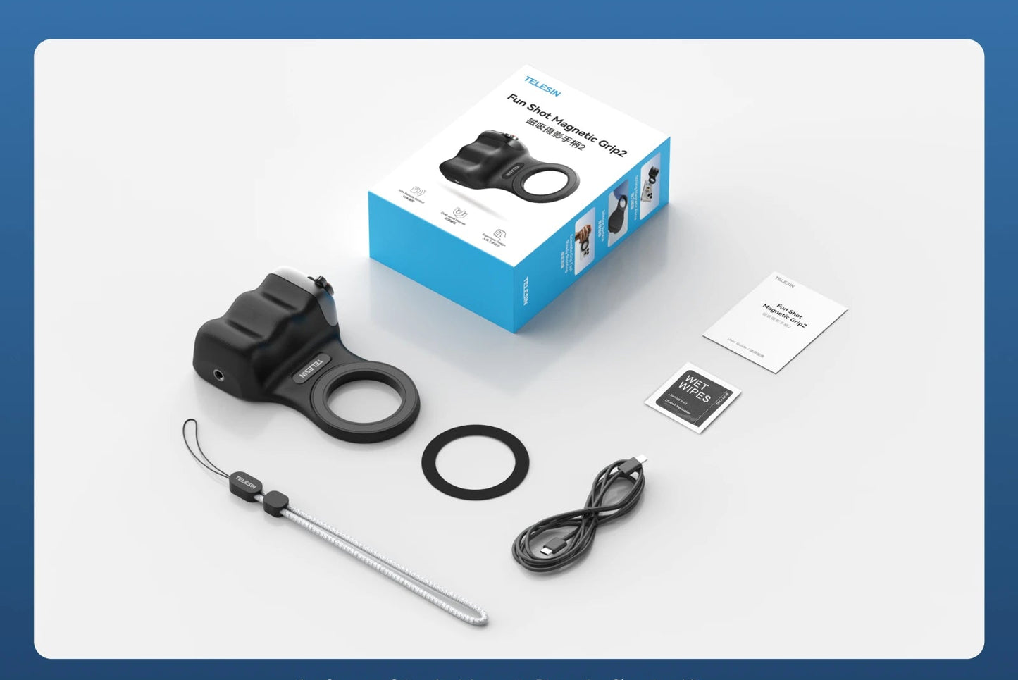 תמונה ראשית של המוצר
אחיזת מצלמה מגנטית TELESIN GripCam Pro עם שלט בלוטות’ – מחזיק טלפון מקצועי לצילום

תמונה המציגה את האחיזה ביד
יד אוחזת מחזיק טלפון מגנטי ארגונומי TELESIN GripCam Pro לצילום נוח ויציב

תמונה של המוצר מחובר לאייפון / סמארטפון
מחזיק טלפון מגנטי TELESIN מחובר לאייפון לצילום יציב עם שליטה מרחוק

GIF של כוח המגנט
הדגמת כוח מגנטי חזק פי 8 באחיזת TELESIN GripCam Pro

תמונה של האור המובנה (3 גווני תאורה)
תאורה דו צדדית לצילום סלפי עם TELESIN GripCam Pro – שליטה באור חם וקר

תמונה של שלט הבלוטות’