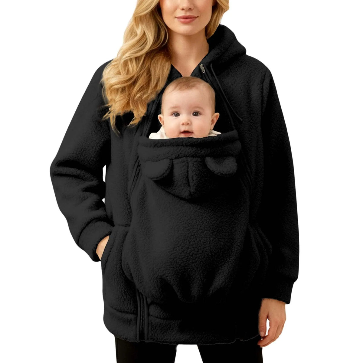 קפוצ'ון פליז MamaHug 2in1 לנשים ולאמהות, עם תוספת קדמית לשימוש מעל מנשא תינוק מתאים, רוכסן וכיסים, לביגוד חם ונוח בסתיו ובחורף.
